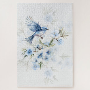 Mooie Blauwe Vogel Landt op Blauwe Bloesems Legpuzzel