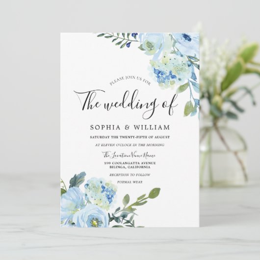 Mooie blauwe Waterverf bloemen Moderne bruiloft Kaart (Staand voorkant)