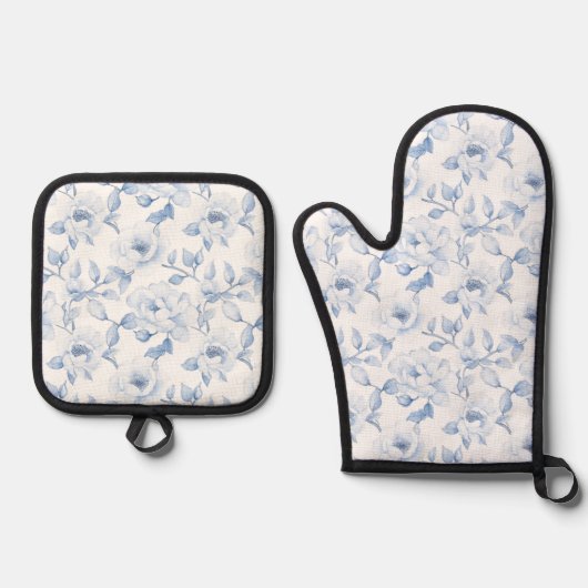 Mooie Blauwe Witte Bloemen Chic Ovenwant & Pannenlap Set (Voorkant)