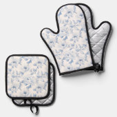 Mooie Blauwe Witte Bloemen Chic Ovenwant & Pannenlap Set (Voorkant / Achterkant)