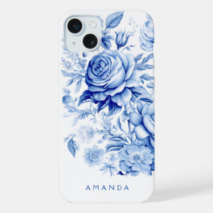 Mooie blauwe/witte gepersonaliseerde rozen iPhone 15 plus case