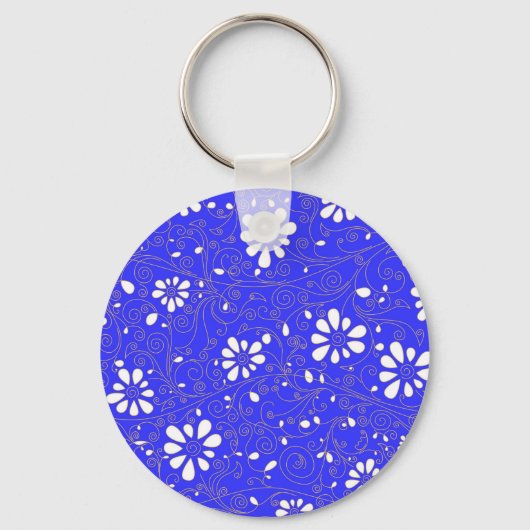 Mooie blauwe witte klassieke bloemenpatroon sleutelhanger (Voorkant)