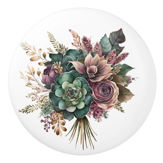 Mooie Blauwgroen en Paarse Mixed Floral Bouquet Keramische Knop (Voorkant)