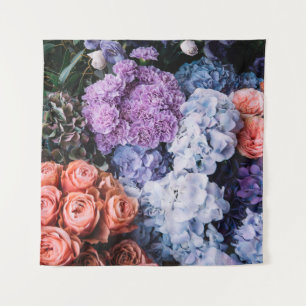 Mooie bloeiende bloemen (rozen, hortensia's, anjer wandkleed