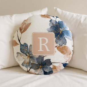Mooie Bloem Monogram Sjabloon Persoonlijk Rond Kussen