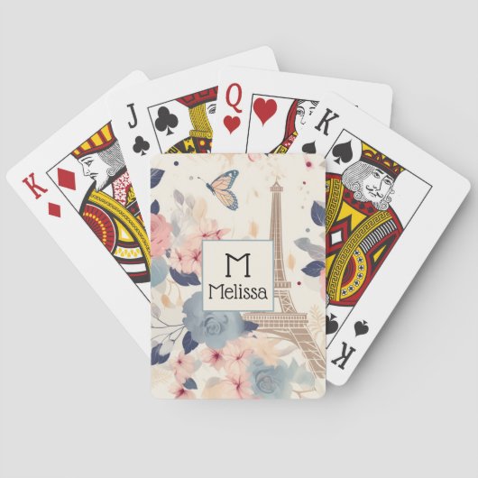 Mooie bloemen en Eiffeltoren Parijs Monogram Pokerkaarten (Achterkant)