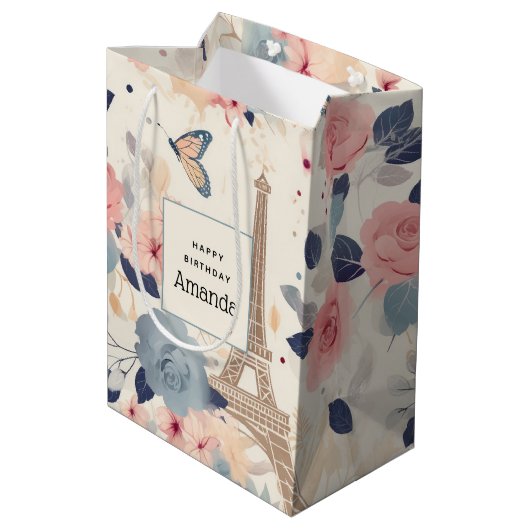 Mooie bloemen en Eiffeltoren Parijs Verjaardag Medium Cadeauzakje (Achterkant Gekanteld)
