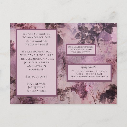 Mooie Bloemen Paarse Hart Verbind Script met Foto Aankondigingskaart (Achterkant)