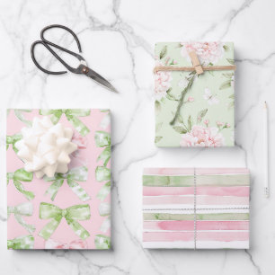 Mooie Bloemen Strikken Mint Roze Strepen Verjaarda Inpakpapier Vel