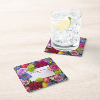 Mooie bloemencadeaurozen tekstvak op maat vierkante kartonnen onderzetter