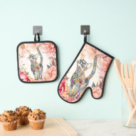 Mooie bloemenkat gewatteerd ovenwant & pannenlap set