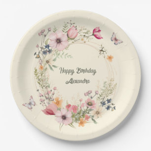 Mooie bloemenkrans en vlinders Verjaardag Papieren Bordje