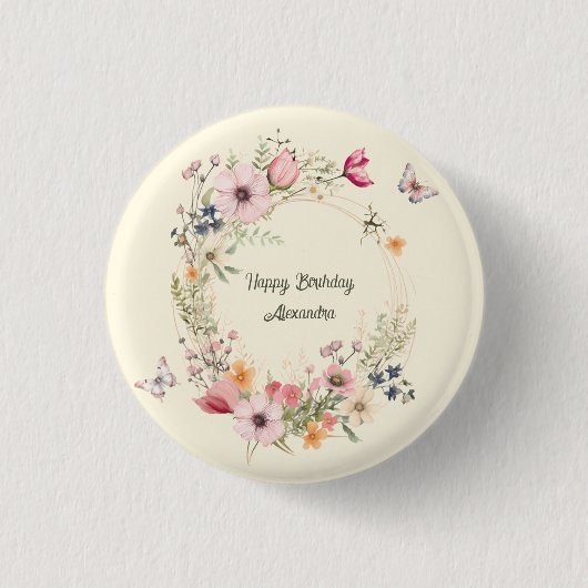 Mooie bloemenkrans en vlinders Verjaardag Ronde Button 3,2 Cm (Voorkant)