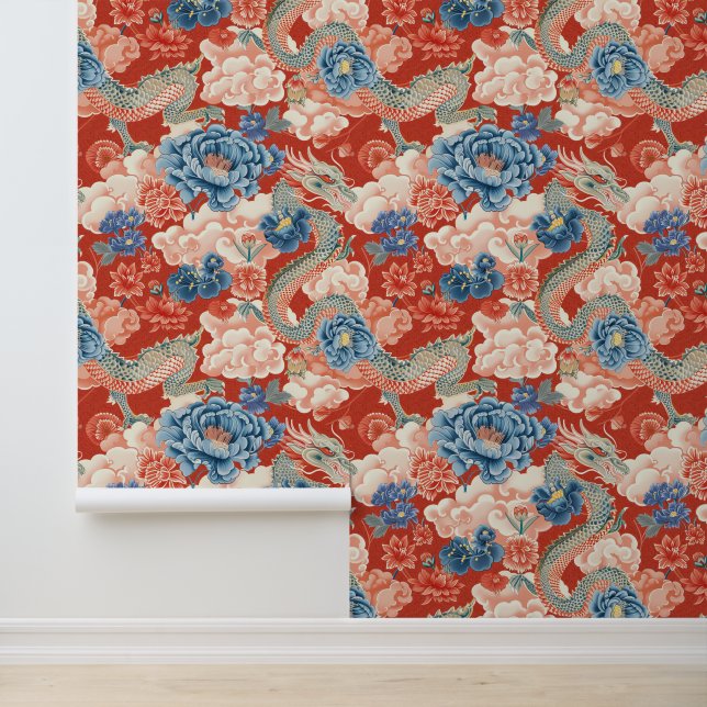 Mooie bloemenrode Japanse draak Elegant Behang (Applicatie)