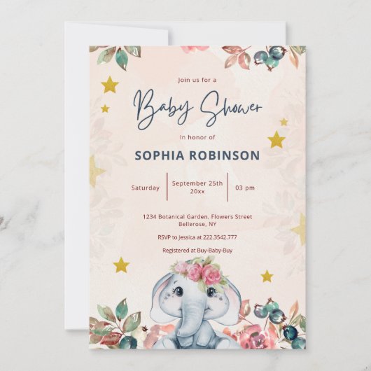 Mooie bloemensliertdesign olifant baby shower uitn kaart (Voorkant)