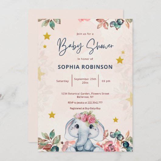 Mooie bloemensliertdesign olifant baby shower uitn kaart (Voorkant / Achterkant)