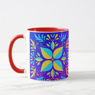 Mooie bloemetjeskunst in gele en blauwe kleuren mok