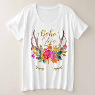 Mooie bloemige Boho Love Rendier Geweien Wimpers Grote Maat T-shirt