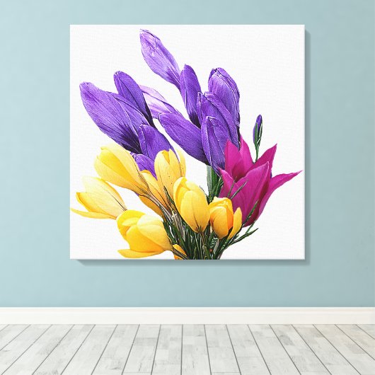 Mooie bloemige  kleurrijke krokustulp canvas afdruk (Insitu (Houten vloer))