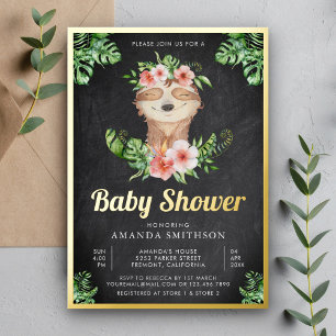 Mooie Bloemige Luiaard Meisje Schoolbord Baby Show Folie Uitnodiging