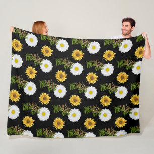 Mooie Bloemige Madelief Zonnewiel op Zwart  Fleece Deken