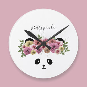 Mooie bloemige pandabeer kinderklok ronde klok