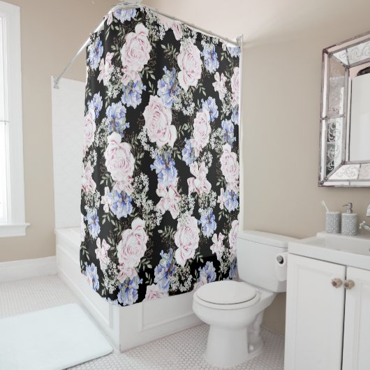 Mooie Bloempatroon Rozen Iris Roze Blauw Douchegordijn (In situ)