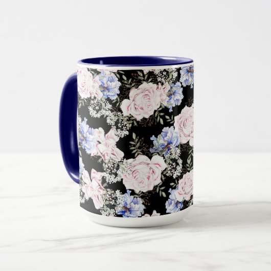 Mooie Bloempatroon Rozen Iris Roze Blauw Mok (Voorkant links)