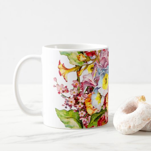 Mooie bloempatroon vintage meisjesachtige witte sl koffiemok (Met donut)