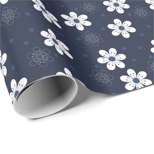 Mooie bloemprint in marineblauw cadeaupapier (Rol Hoek)