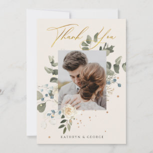 Mooie bloemrijke gouden kalligrafie huwelijksfoto bedankkaart