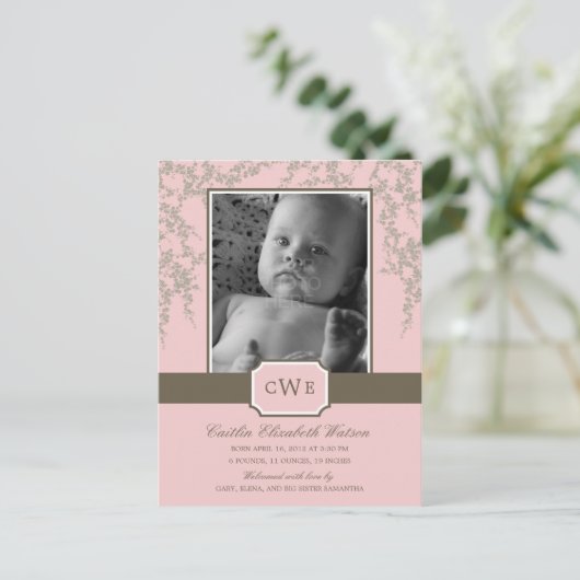 Mooie Bloesems Baby Geboorteaankondiging (Roze) Aankondigingskaart (Staand voorkant)