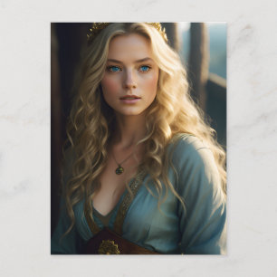 Mooie Blonde Dame in een Blauwe en Gouden Jurk Briefkaart