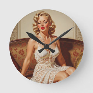 Mooie blonde pin-up 50'er jaren kunst ronde klok