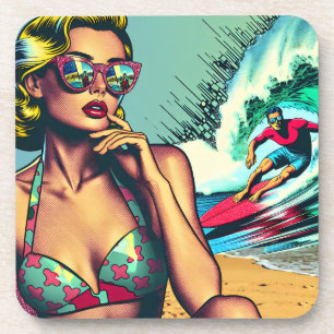Mooie blonde retro vrouw en surferman bier onderzetter