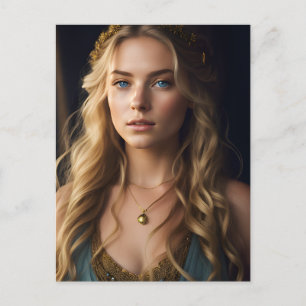 Mooie blonde vrouw in blauw en gouden jurk briefkaart