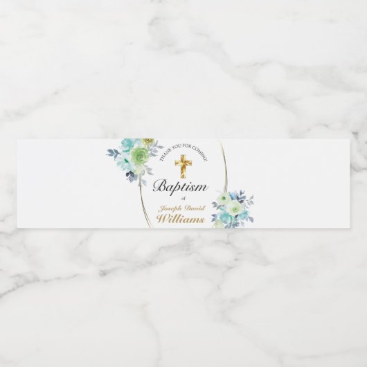 Mooie Blue Floral Gold Cross Baby Baptisme Waterfles Etiket (Enkel label)