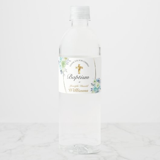 Mooie Blue Floral Gold Cross Baby Baptisme Waterfles Etiket (Voorkant)