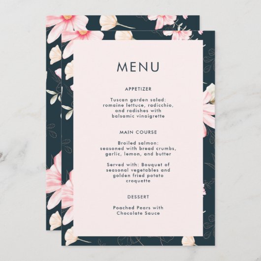 Mooie Blush Bloemen Blauw Bruiloft Menu (Voorkant / Achterkant)
