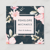 Mooie Blush Bloemen met QR Code Donkerblauw Vierkante Visitekaartje (Voorkant)