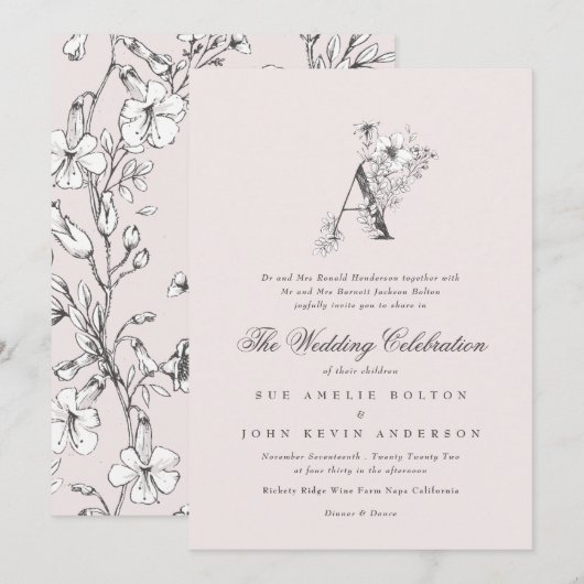 Mooie blush Floral 'A'-Monogram op zak Kaart (Voorkant / Achterkant)