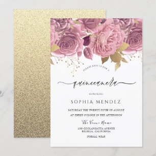 Mooie Blush Floral Gold Quinceanera Kaart