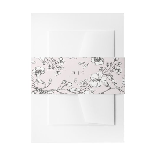 Mooie Blush Floral Monogram Sketched Wedding Uitnodigingen Wikkel (Voorkant Voorbeeld)