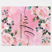 Mooie Blush Pink Floral Trendy Script-monogram Fleece Deken (Voorkant (Horizontaal))