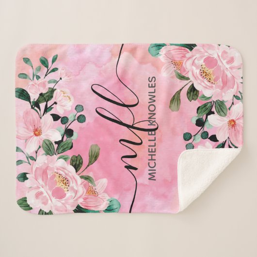 Mooie Blush Pink Floral Trendy Script-monogram Sherpa Deken (Voorkant (horizontaal))