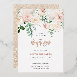 Mooie Blush & Rose Goud Baby Meisje Jongen Doopfee Folie Uitnodiging