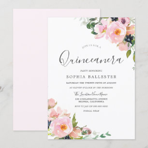Mooie blush roze bloemen Quinceanera Party Kaart