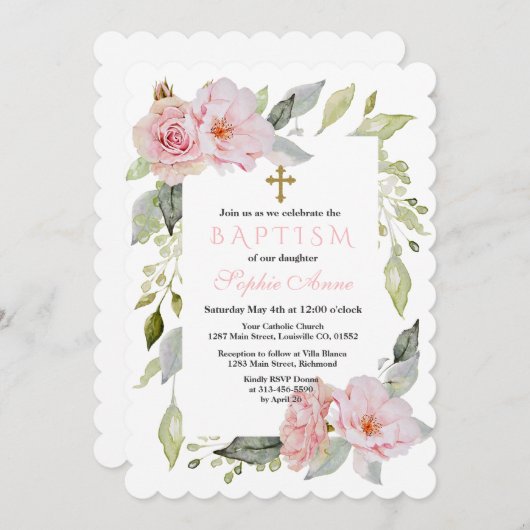 Mooie Blush Roze Bloemige Bloei Doop Kaart (Voorkant / Achterkant)