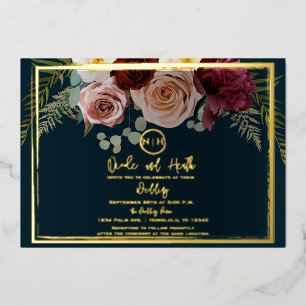 Mooie Blush Roze Bourgondië Bloemen Navy Trouwjurk Folie Uitnodiging