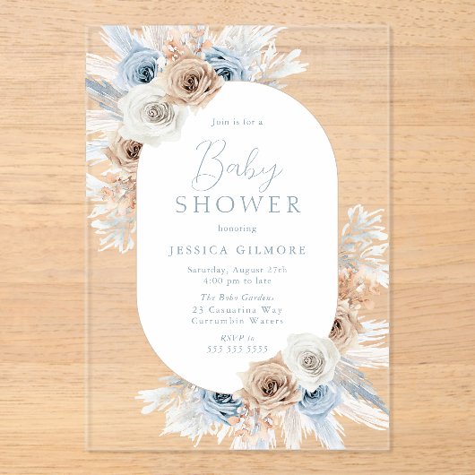 Mooie Boho Blue Floral Baby shower Acryl Uitnodigingen (Voorkant)